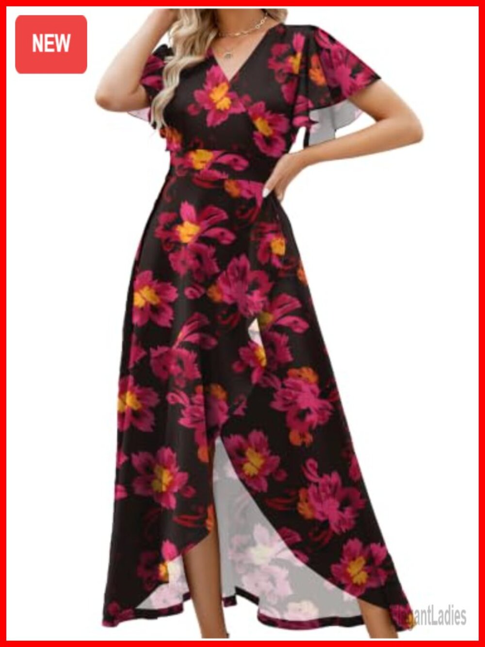 Formal Evening Gown V-Neck Flared Sleeve Wedding Guest Dress